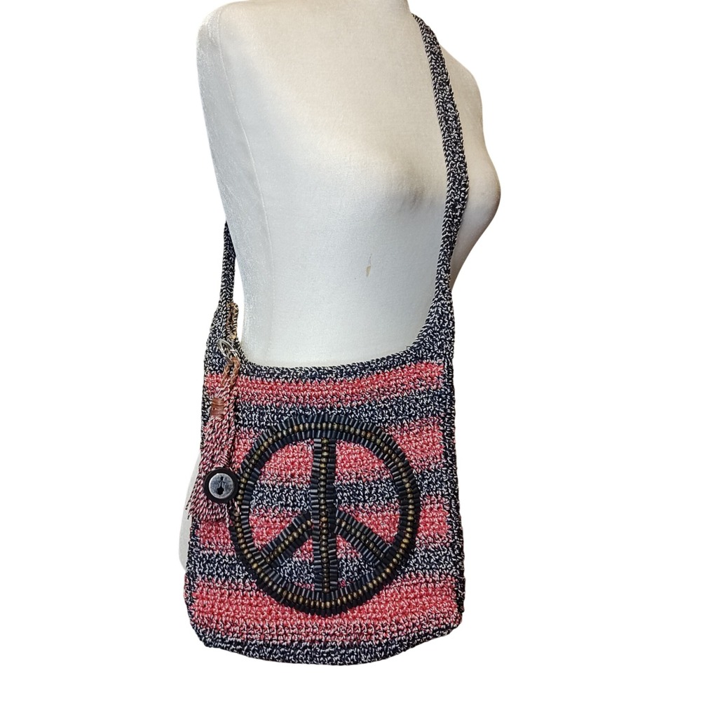 The Sak Crochet Crossbody Bag Women Medium Red Blue Peace Sign Beaded Boho